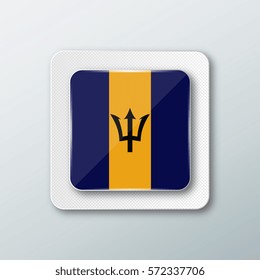 Square button with the national flag of Barbados with the reflection of light. Icon with the main symbol of the country.