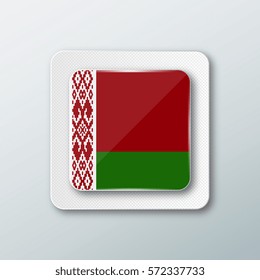 Square button with the national flag of Belarus with the reflection of light. Icon with the main symbol of the country.