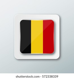 Square button with the national flag of Belgium with the reflection of light. Icon with the main symbol of the country.