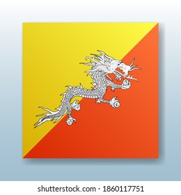 Quadratznopf mit der Nationalflagge von Bhutan mit der Reflexion des Lichts. Symbol mit dem Symbol des Landes