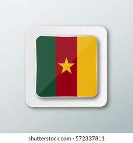 Square button with the national flag of Cameroon with the reflection of light. Icon with the main symbol of the country.