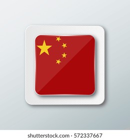 Square button with the national flag of China with the reflection of light. Icon with the main symbol of the country.