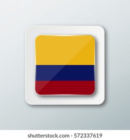 Square button with the national flag of Colombia with the reflection of light. Icon with the main symbol of the country.