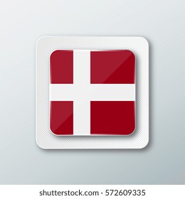 Square button with the national flag of Denmark with the reflection of light. Icon with the main symbol of the country.