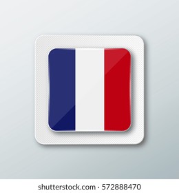 Square button with the national flag of France with the reflection of light. Icon with the main symbol of the country.