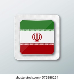 Square button with the national flag of Iran with the reflection of light. Icon with the main symbol of the country.
