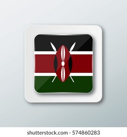 Square button with the national flag of Kenya with the reflection of light. Icon with the main symbol of the country.