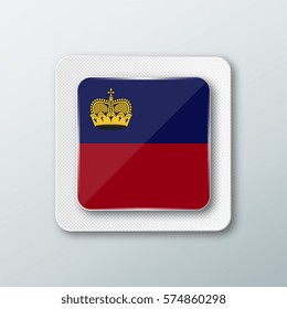 Square button with the national flag of Liechtenstein with the reflection of light. Icon with the main symbol of the country.