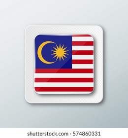 Square button with the national flag of Malaysia with the reflection of light. Icon with the main symbol of the country.