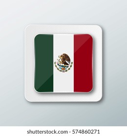 Square button with the national flag of Mexico with the reflection of light. Icon with the main symbol of the country.