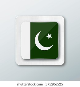 Square button with the national flag of Pakistan with the reflection of light. Icon with the main symbol of the country.