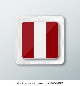 Square button with the national flag of Peru with the reflection of light. Icon with the main symbol of the country.
