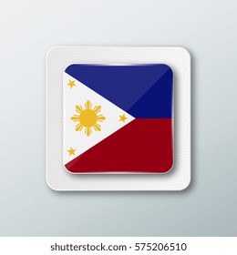 Square button with the national flag of Philippines with the reflection of light. Icon with the main symbol of the country.