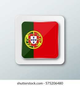 Square button with the national flag of Portugal with the reflection of light. Icon with the main symbol of the country.