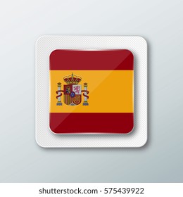 Square button with the national flag of Spain with the reflection of light. Icon with the main symbol of the country.