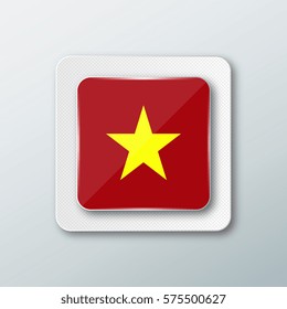 Square button with the national flag of Vietnam with the reflection of light. Icon with the main symbol of the country.