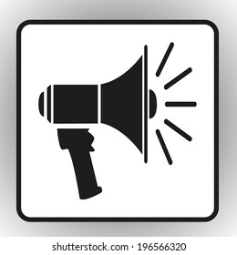 square button on a gray background Megaphone, loudspeaker icon