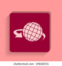 square button on a pink background. Vector illustration Globe Icon with arrow
