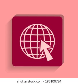 square button on a pink background. Vector illustration globe icon