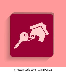 square button on a pink background. Vector illustration Key icon from the house