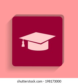 square button on a pink background. Vector illustration graduation cap icon