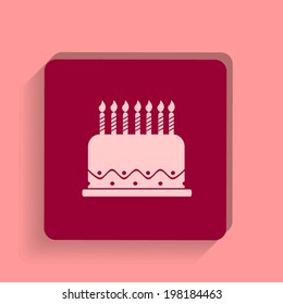 square button on a pink background. Vector illustration birthday cake icon