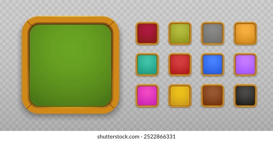 Square button set with wooden border. Colored buttons with orange frame. Game ui app icons, cartoon menu interface blocks. Gui graphic design elements. Vector EPS 10