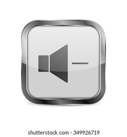 Square Button. Shiny glass button with metal frame. Speaker volume icon.  Vector Illustration isolated on white background. 
