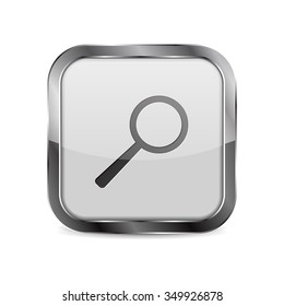 Square Button. Shiny glass button with metal frame. Search icon. Vector Illustration isolated on white background. 