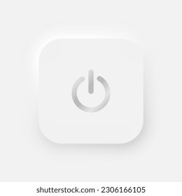 A square button with a silver power symbol on a white background. User interface elements in the style of neumorphism, UX, UI. Vector illustration.