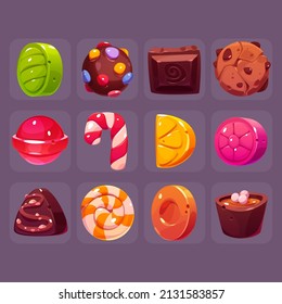 Square buttons with chocolate and hard sugar candies, fruit drops, lollipop, cake and bonbon. Vector cartoon set of sweet food icons, caramel, christmas candy cane and confectionery