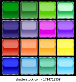 Botones cuadrados de diferentes colores brillantes y saturados con un trazo gris que tiene un efecto espejo. Botones en forma de cuadrados sobre fondo negro con efecto espejo. Gráficos vectoriales. Foto de stock.