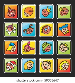 square buttons with faces of children