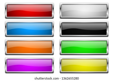 Square buttons. Glass colored icons with chrome frame. Vector 3d illustration