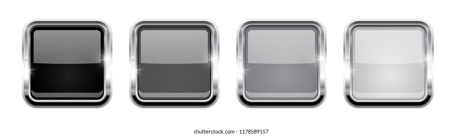 Square buttons. Gray glass 3d icons with metal frame. Vector illustration isolated on white background