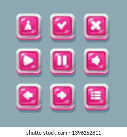 
Square buttons for interfaces and menus of games and applications with user icons, check and cross, arrows, play, pause, sound, options.