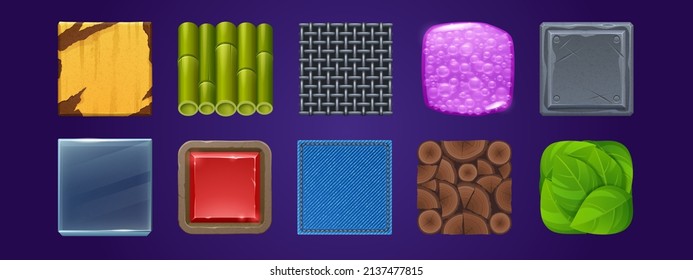 Square buttons with metal plate, bamboo, denim and glass textures for ui game design. Vector cartoon set of buttons from jelly with bubbles, wire net, rusty iron, wood and green leaves