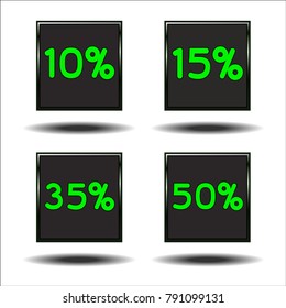 Square buttons with percentages and figures in muted tones