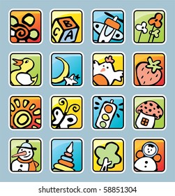 square buttons with pictures in a children's style