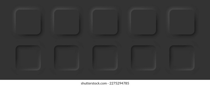 Square buttons with rounded edges in a neomorphic style. A set of user interface design elements in black. Vector illustration.