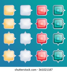 Square buttons set, app icons with different color textures. Set of game buttons. Interface game illustration. Infographic Elements.