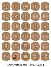 Square buttons wood a-z alphabet words game. Vector Illustration icon set. 2d asset for user interface GUI in mobile application or casual video game.