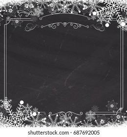 Square Cafe menu - ornamental winter Snowflake, retro border and blackboard textured background