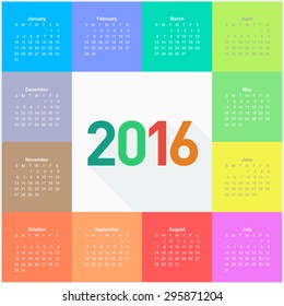 Square calendar for 2016 year. Colorful vector 