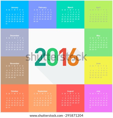 Square calendar for 2016 year. Colorful vector 