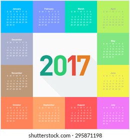 Square calendar for 2017 year. Colorful vector 