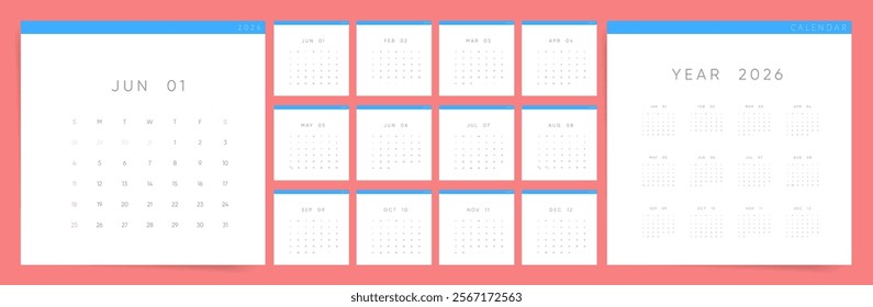 Square Calendar 2026, Calendar 2026 Minimalist Coral and Blue Yearly Planner Template Vector