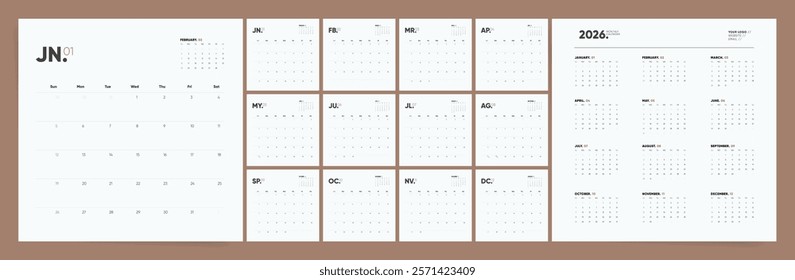 Square Calendar 2026, Calendar 2026 Sunday Start Minimal Brown Corporate Design Template