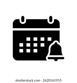Icono cuadrado del calendario con la campana de tiempo en la esquina, diseño lleno negro, símbolo del recordatorio del acontecimiento, icono de la notificación de la programación, gráfico del calendario de la alarma, herramienta de la gestión del tiempo, alerta de la fecha límite, icono del planificador