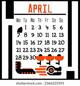 A square calendar page for April 2024 with a cute geometric dragon. Isolated on a white background. The symbol of the year of the dragon. A dragon with flowers. Vector illustration. Black Orange